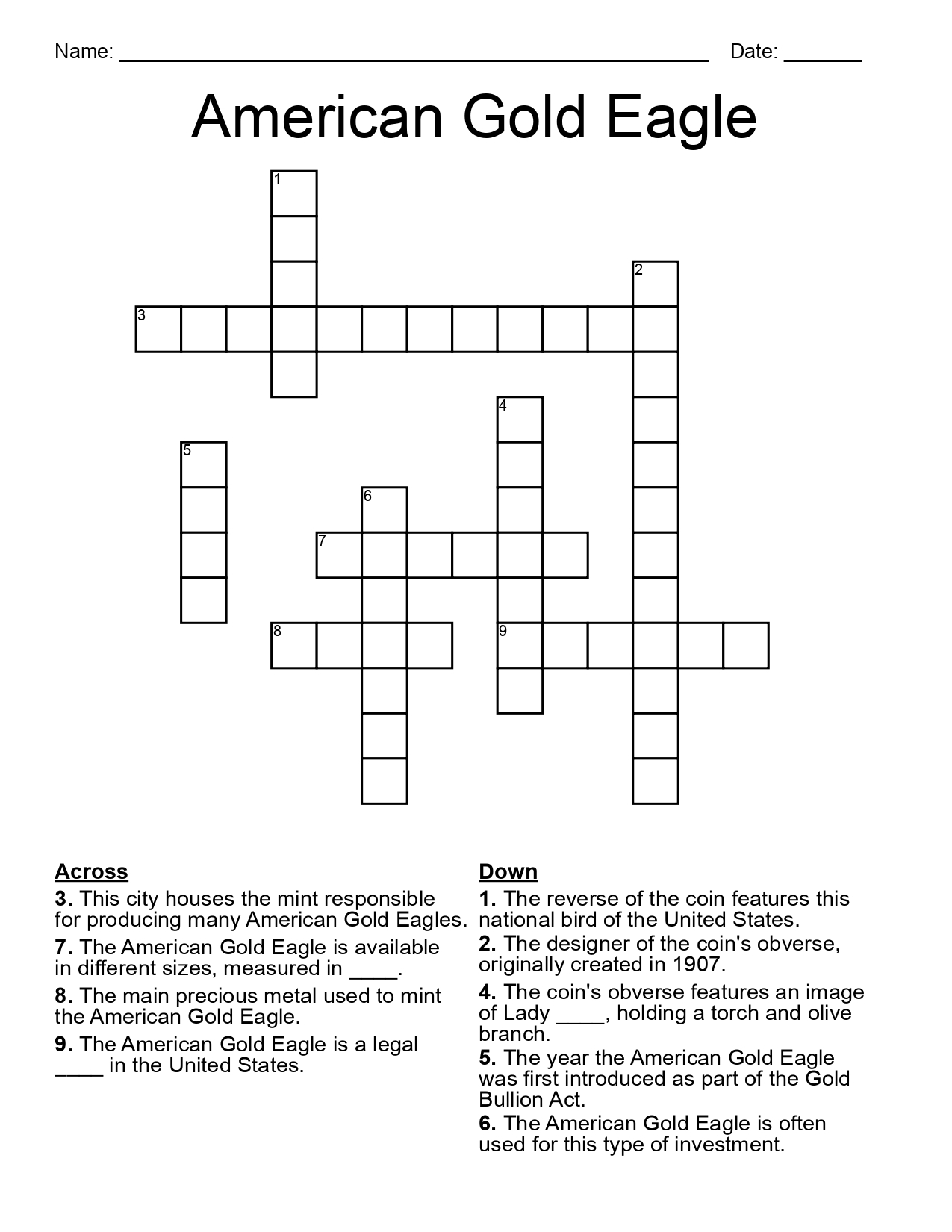 Old Gold Coin Crossword Puzzle American Gold Eagle Study Prints