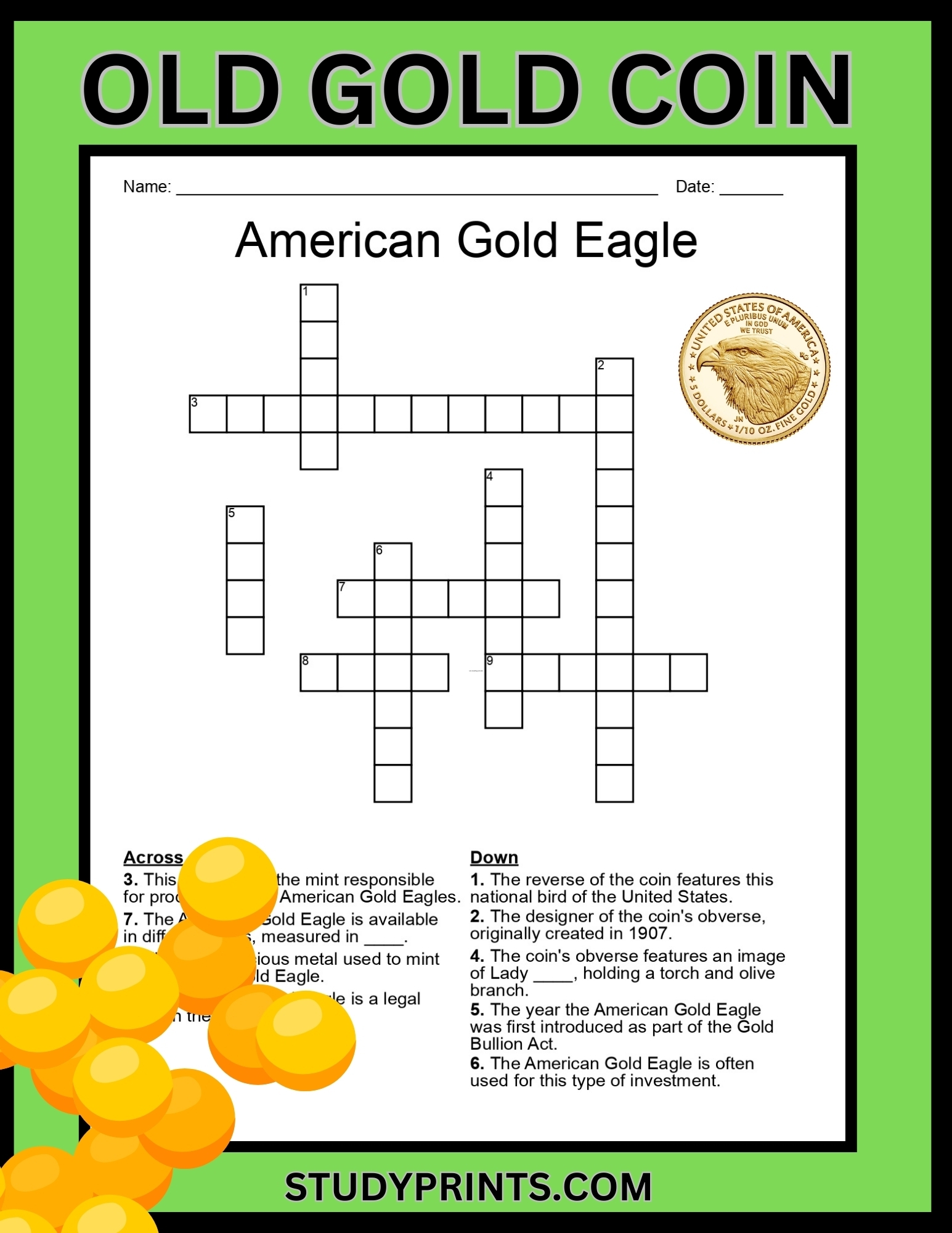 Old Gold Coin Crossword Puzzle American Gold Eagle Study Prints