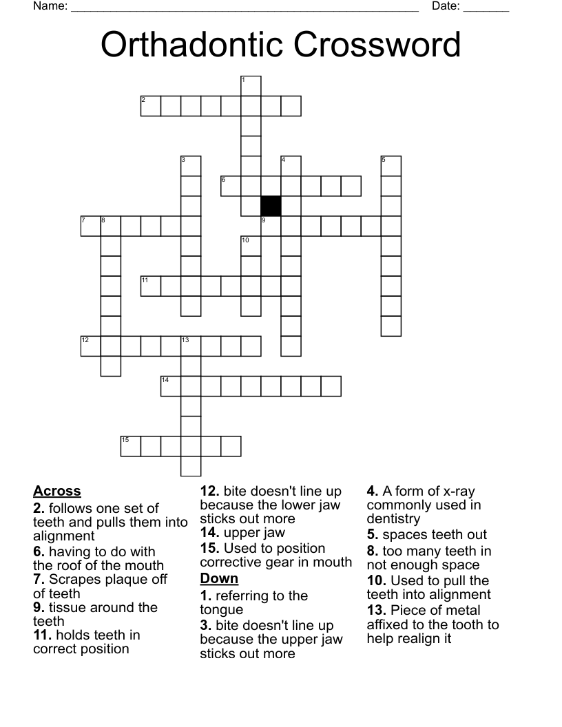 Orthodontic Worksheet Crossword WordMint