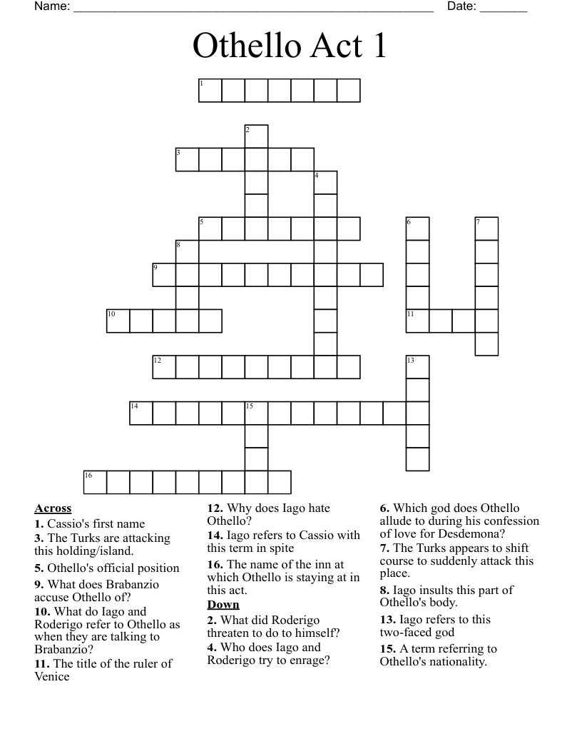 Othello Act 1 Crossword WordMint
