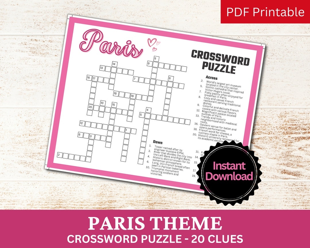 Paris Crossword Puzzle Printable Game Fun Travel Theme Birthday Activity Love France City French Gathering Word Game PDF Parisian Party Etsy