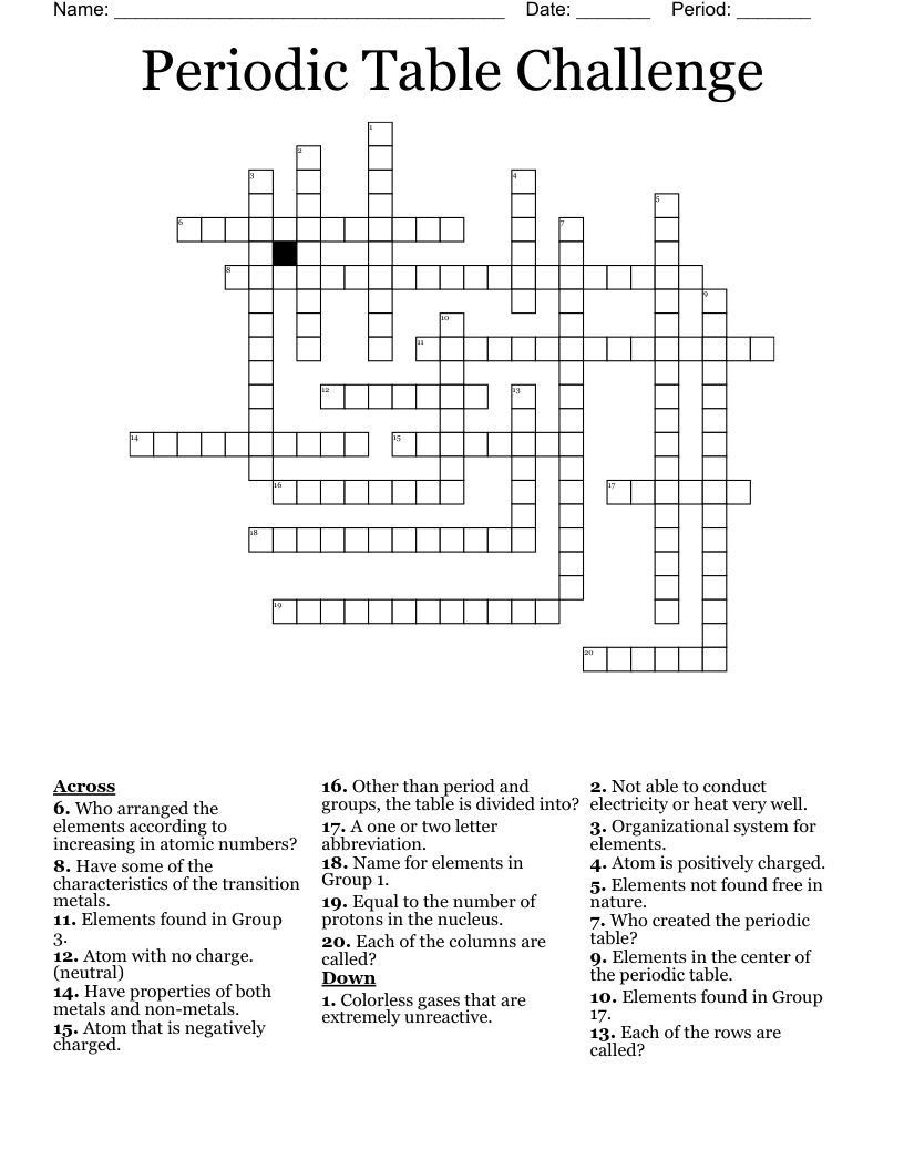 Periodic Table Challenge Crossword WordMint