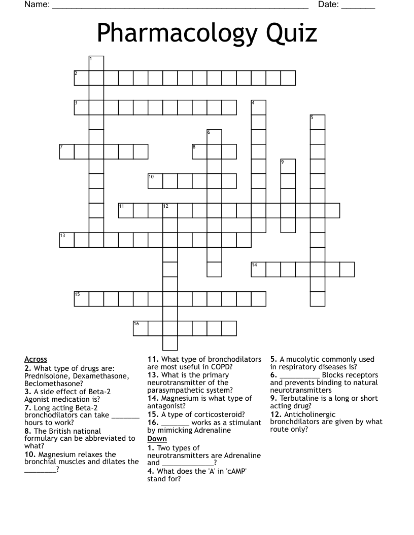 Pharmacology Quiz Crossword WordMint