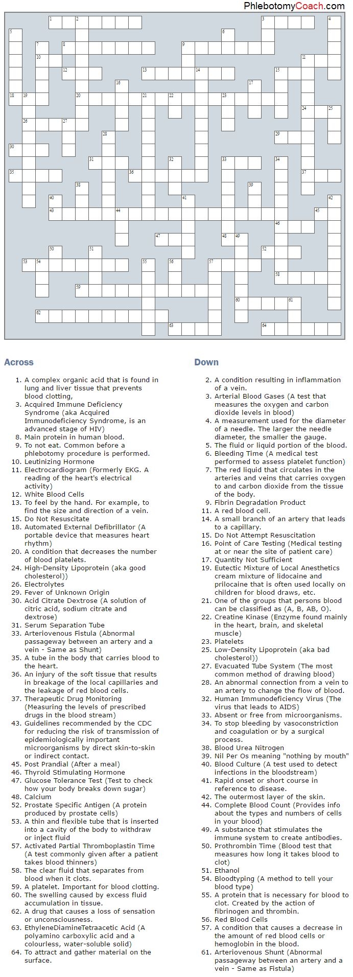 Phlebotomy Crossword Puzzle