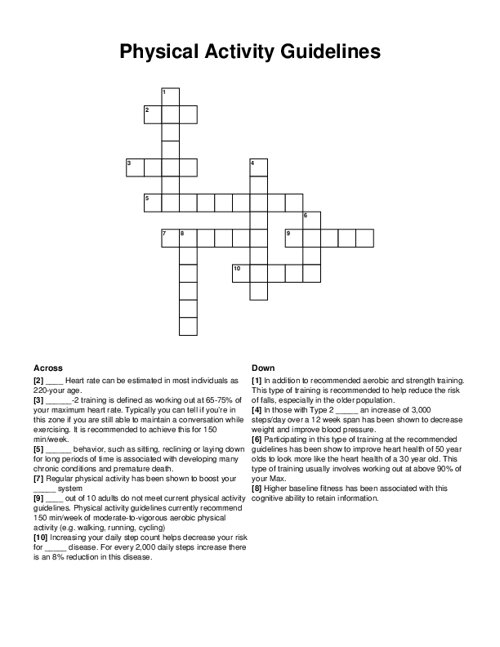 Physical Activity Guidelines Crossword Puzzle