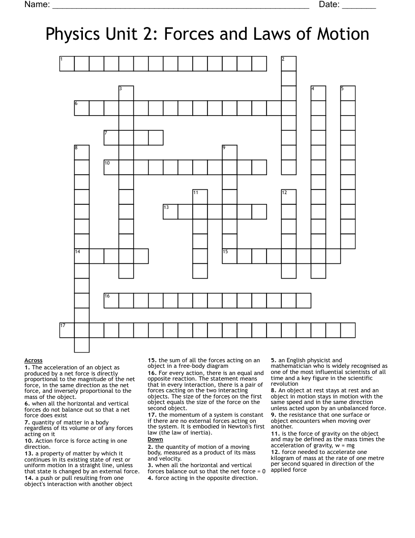 Physics Unit 2 Forces And Laws Of Motion Crossword WordMint