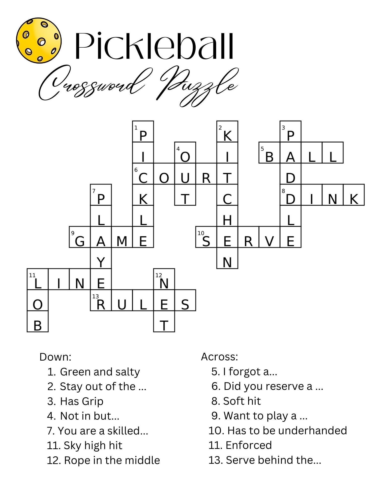 Pickleball Crossword Puzzle Game For A Pickleball Party Or Camp Activity Etsy