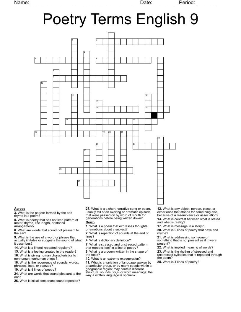 Poetry Terms English 9 Crossword WordMint