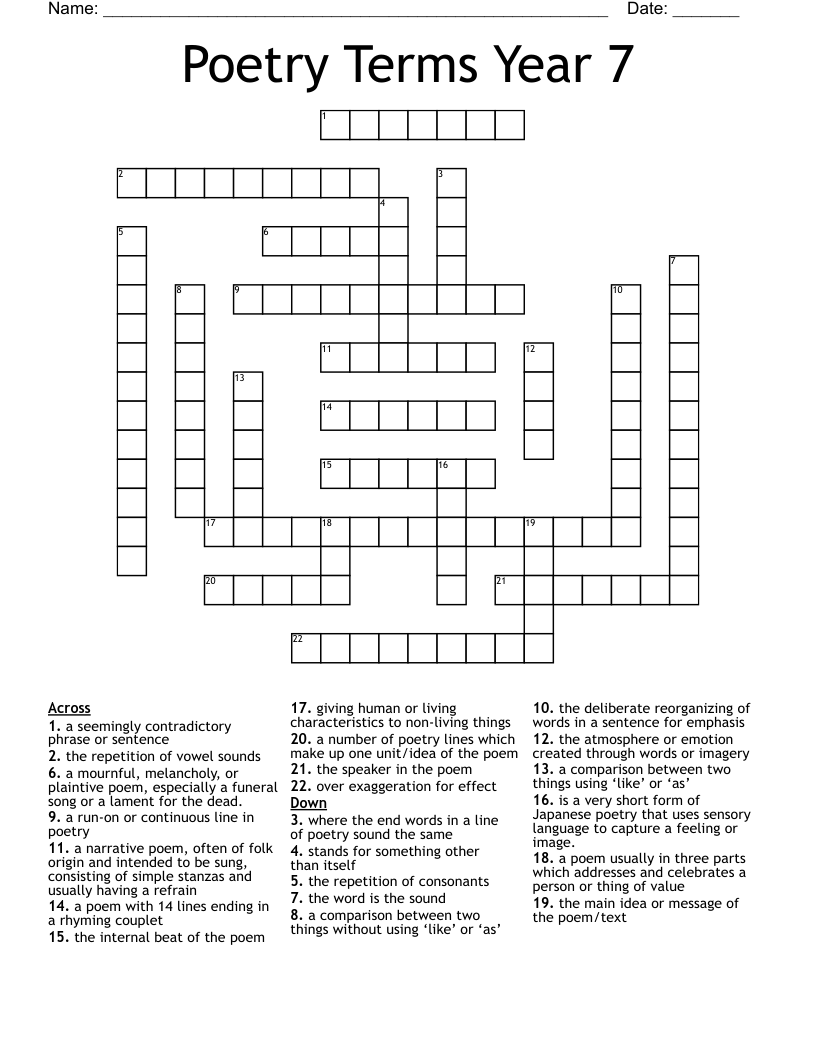 Poetry Terms Year 7 Crossword WordMint