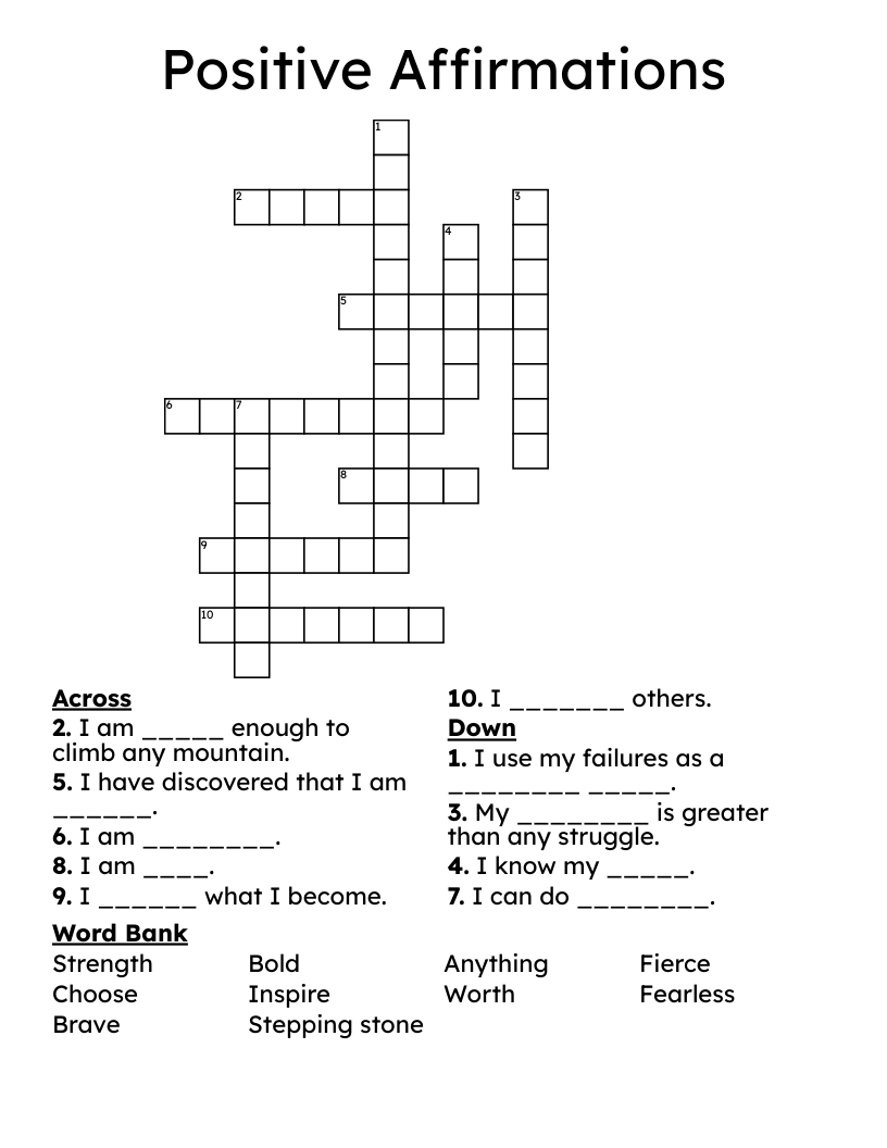 Positive Affirmations Crossword WordMint