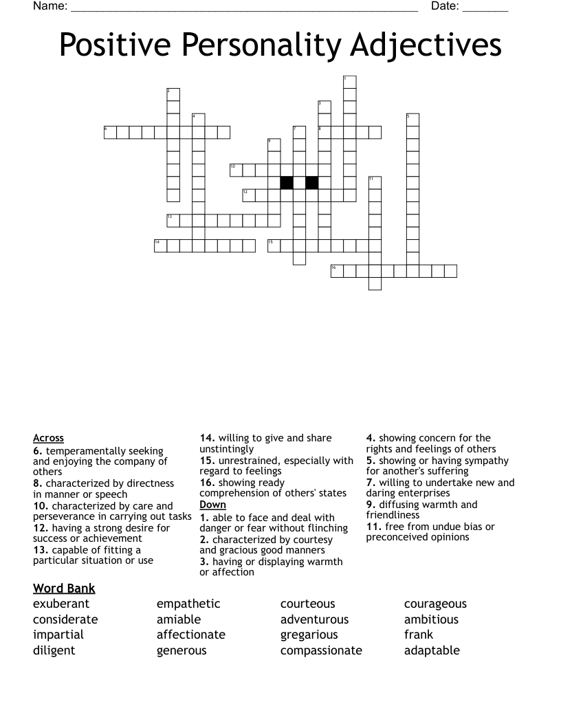 Positive Personality Adjectives Crossword WordMint