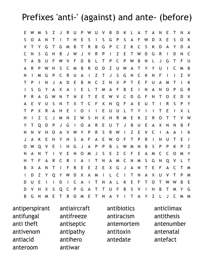 Prefixes anti against And Ante before Word Search WordMint