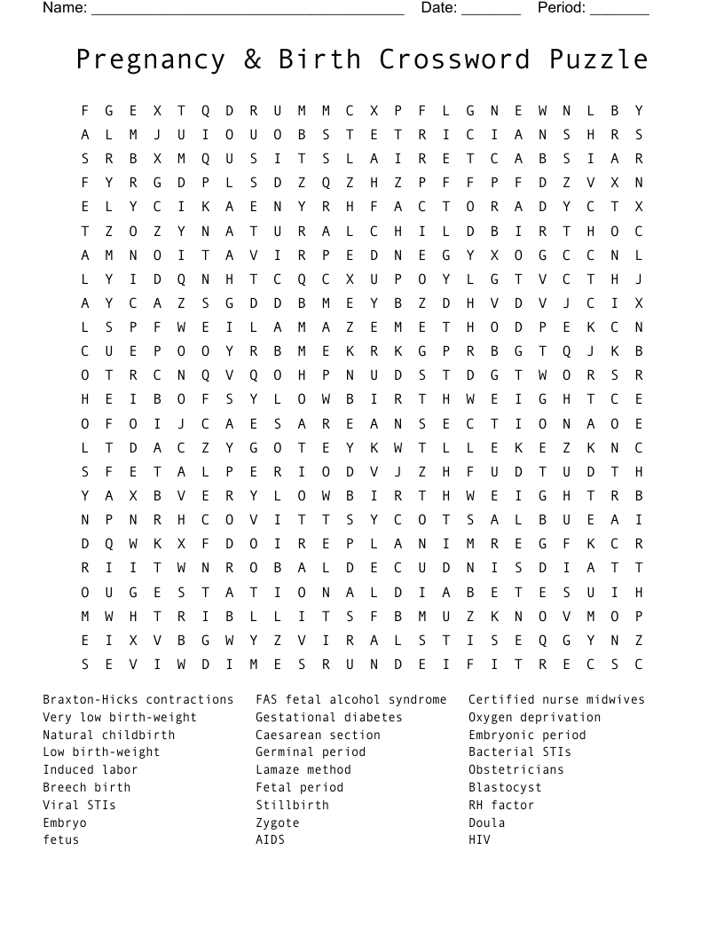 Pregnancy Birth Crossword Puzzle Word Search WordMint