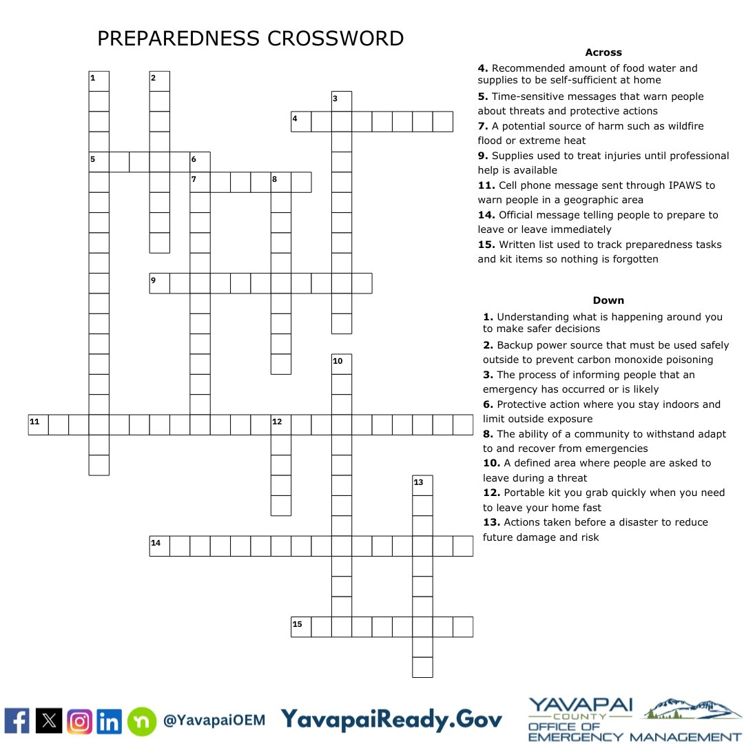 Preparedness Has Many Moving Pieces alerts Zones Go bags Supplies We Created A Crossword To Help You Practice Essential Terms For Emergencies Try It Out EmergencyPreparedness PuzzleDay YavapaiCounty YavapaiReady