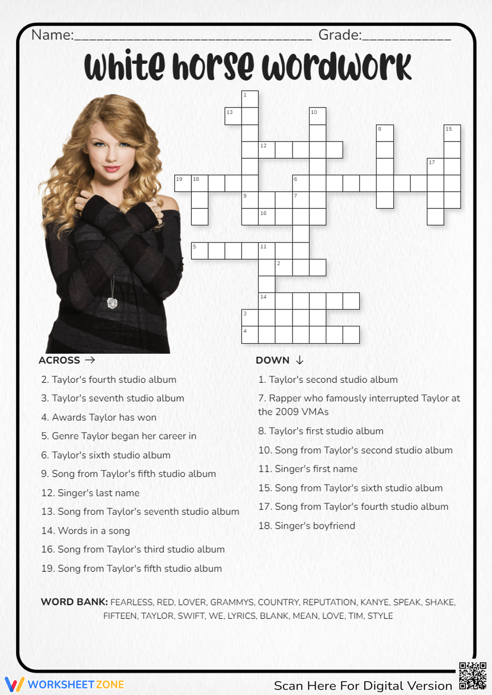 Printable 1st Grade Taylor Swift Crossword Worksheets Printable 1st Grade Taylor Swift Crossword Worksheets