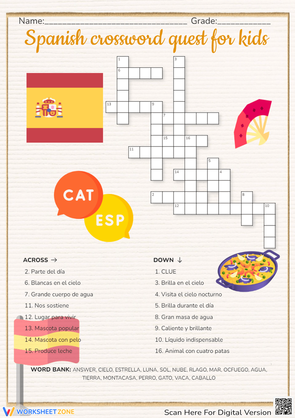 Printable 3rd Grade Spanish Crossword Puzzle Worksheets Download