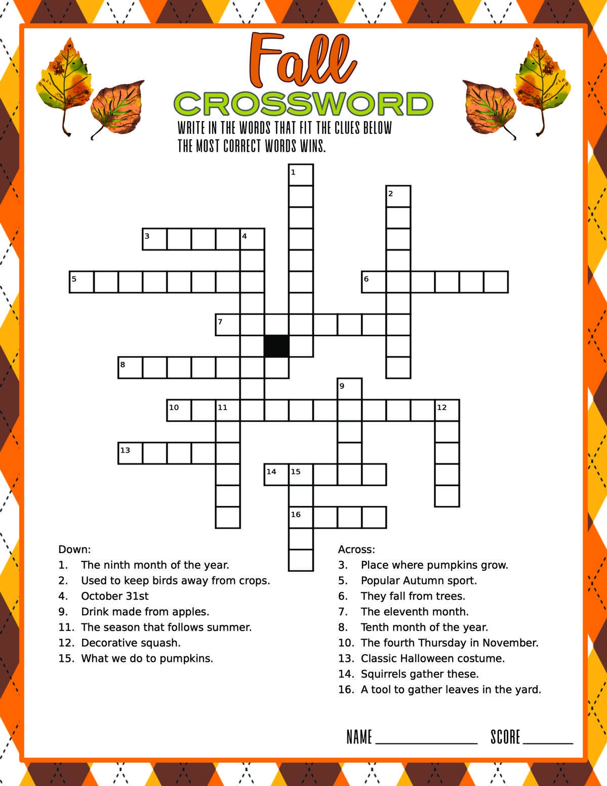 fall crossword puzzles fall crossword puzzles