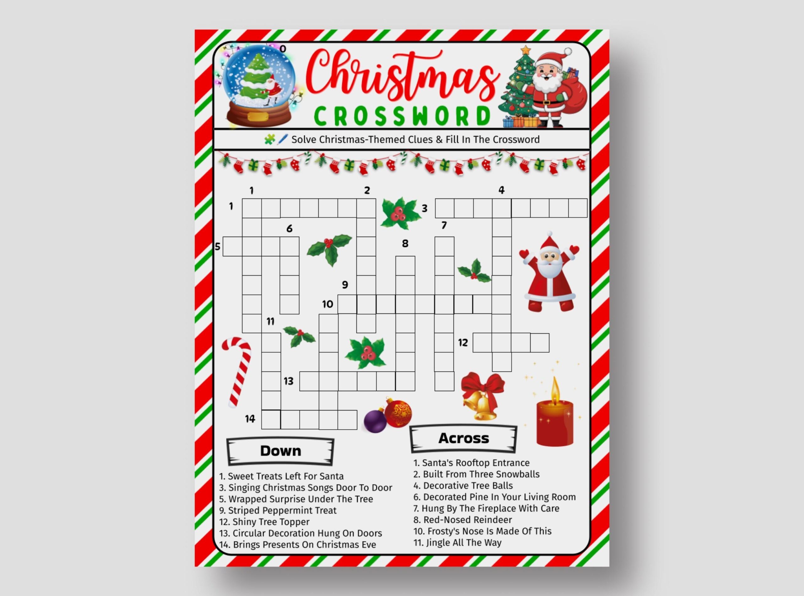 Printable Christmas Crossword Puzzle For Kids And Adults Fun Christmas Word Game For Holiday Party And Classrooms Family Christmas Game Etsy