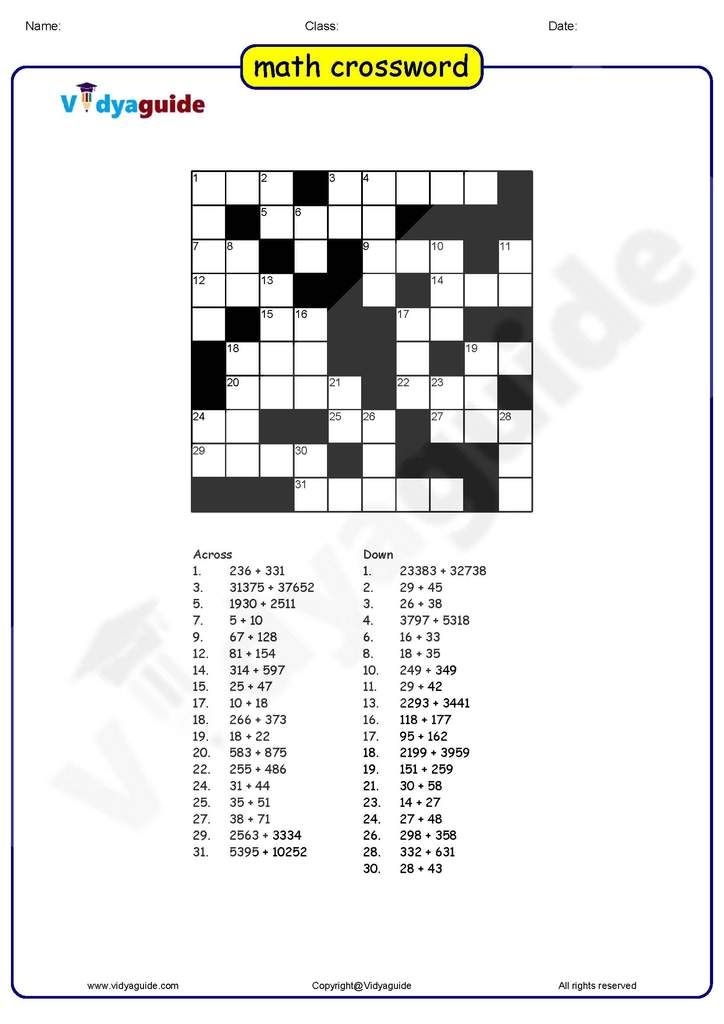 Printable Math Crossword Puzzles Educational Printable Activities