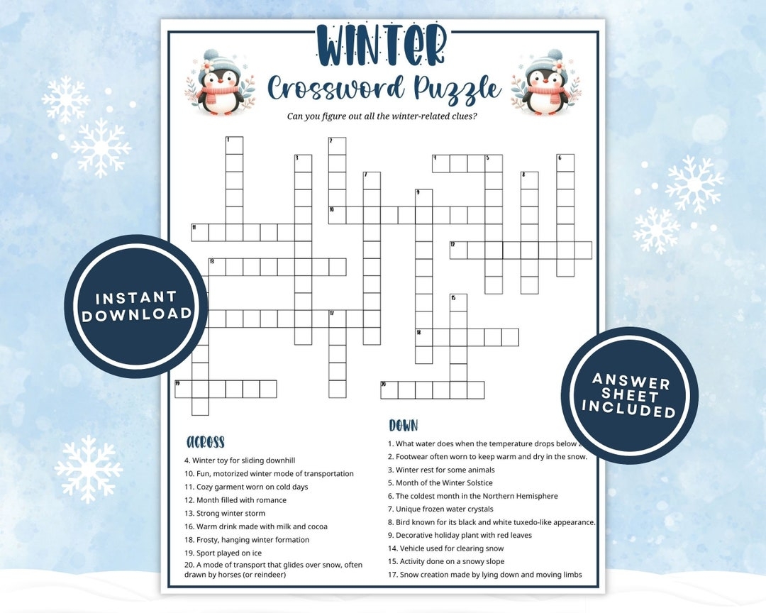 Printable Winter Crossword Puzzle For Kids And Adults Fun Winter Word Game For Family Game Night Or Classroom Activities Instant Download Etsy