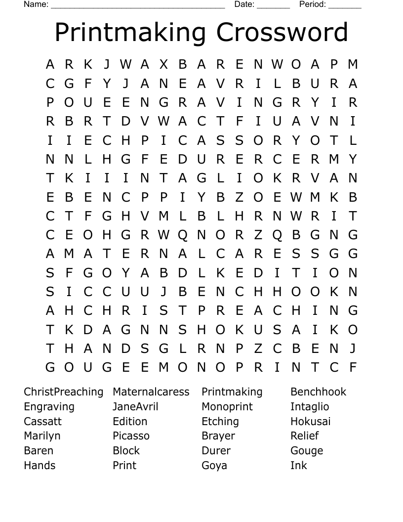 Printmaking Crossword Word Search WordMint Printmaking Crossword Word Search WordMint