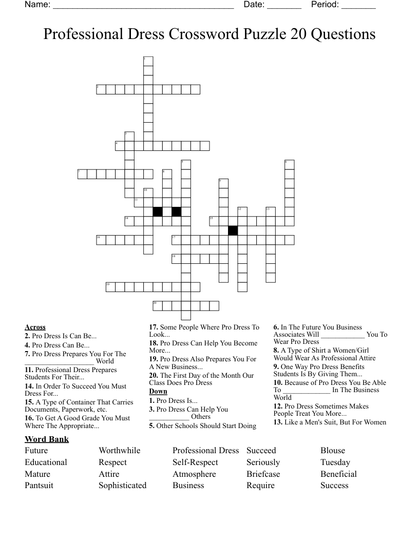 Professional Dress Crossword Puzzle 20 Questions WordMint