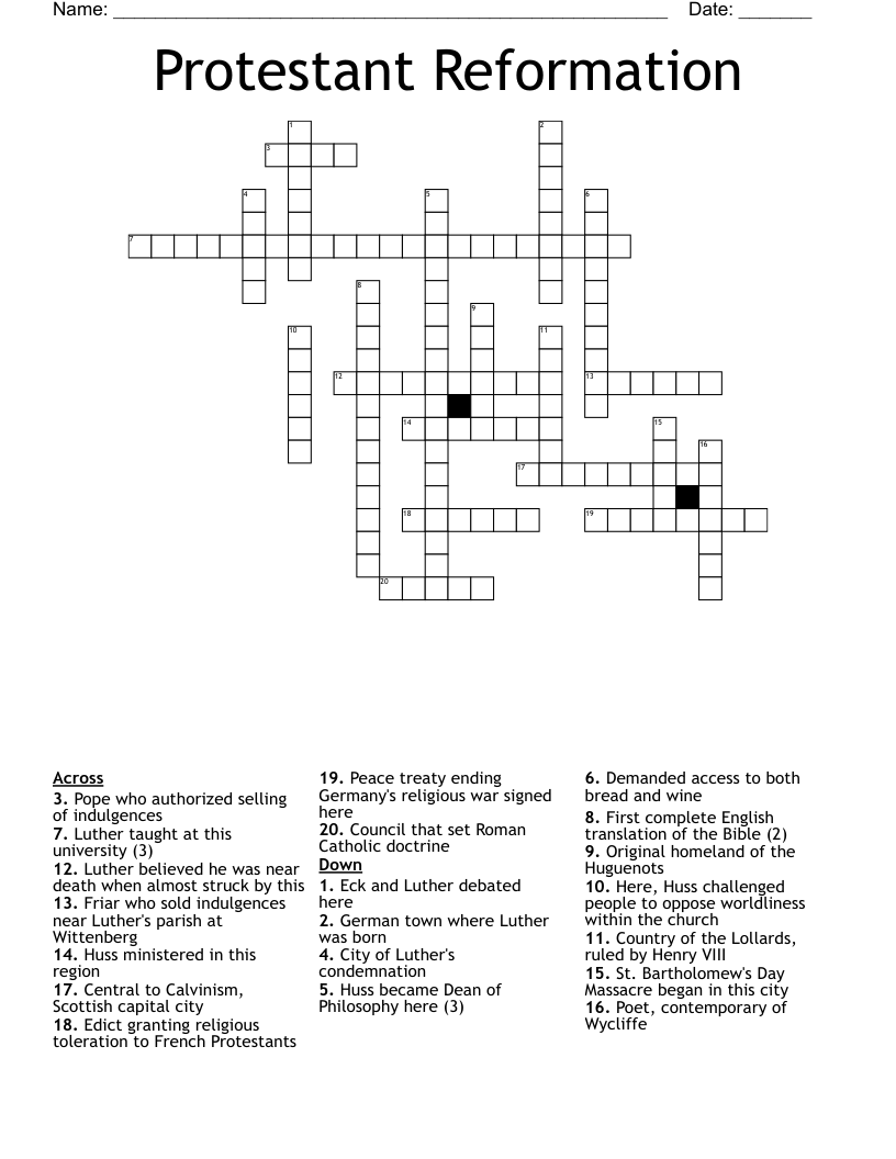 Protestant Reformation Crossword WordMint