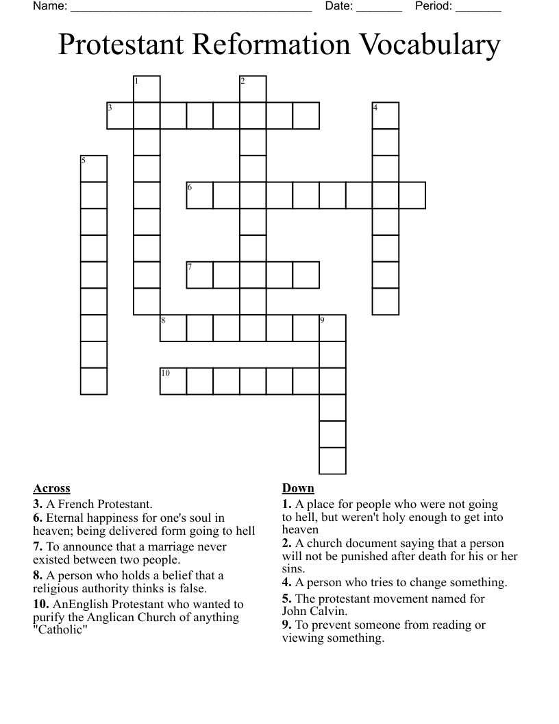 Protestant Reformation Vocabulary Crossword WordMint