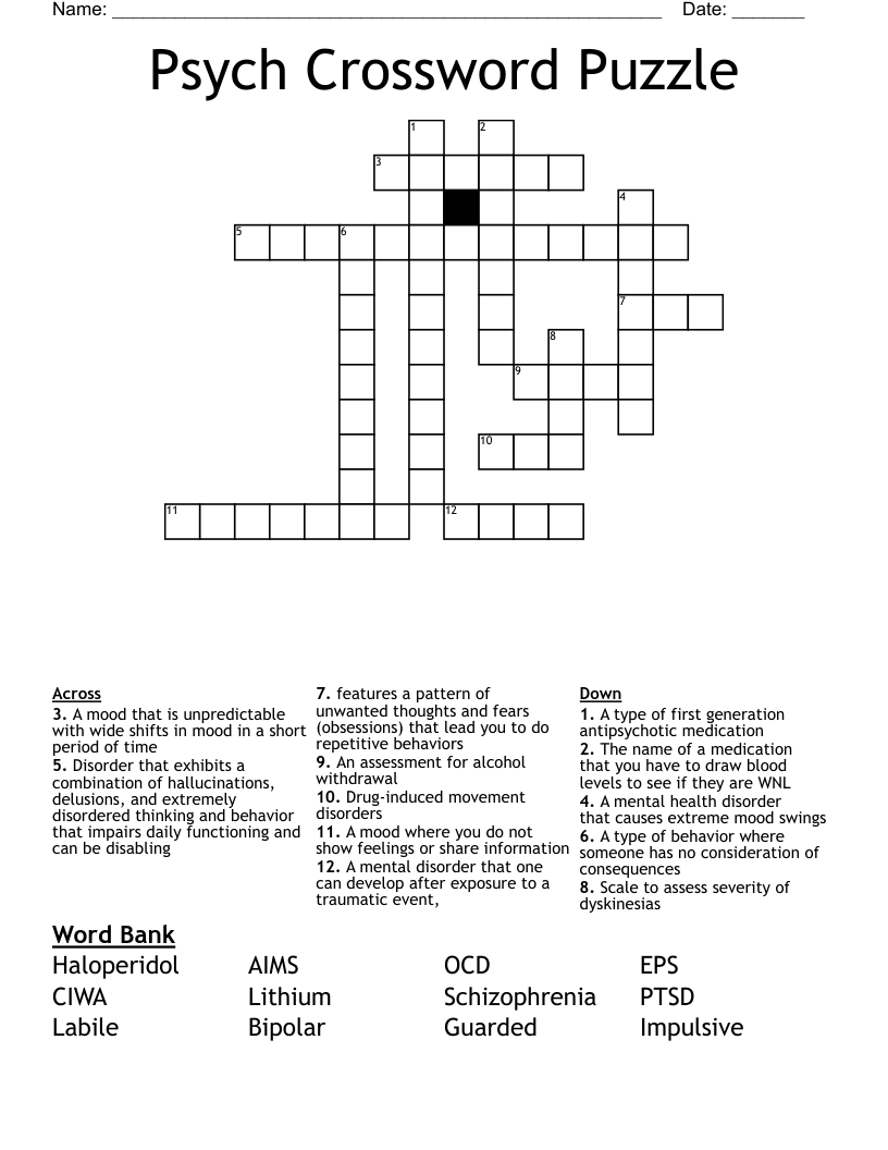 Psych Crossword Puzzle WordMint