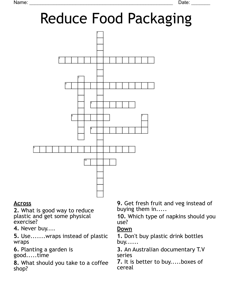 Reduce Food Packaging Crossword WordMint Reduce Food Packaging Crossword WordMint