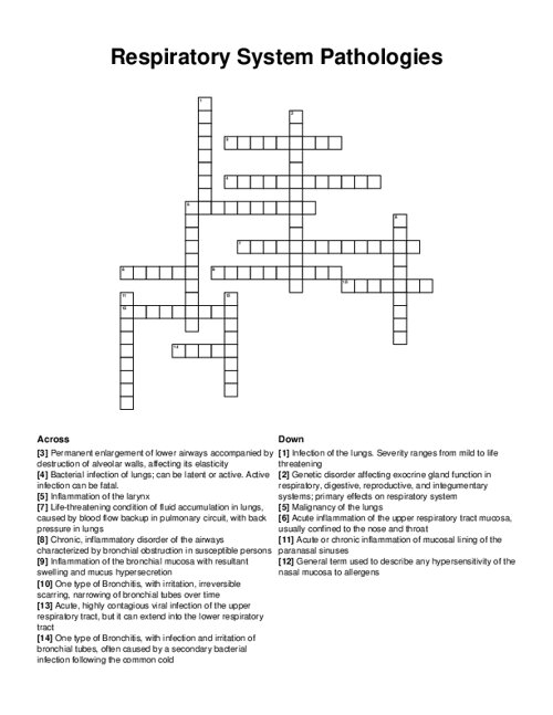 Respiratory System Pathologies Crossword Puzzle Respiratory System Pathologies Crossword Puzzle
