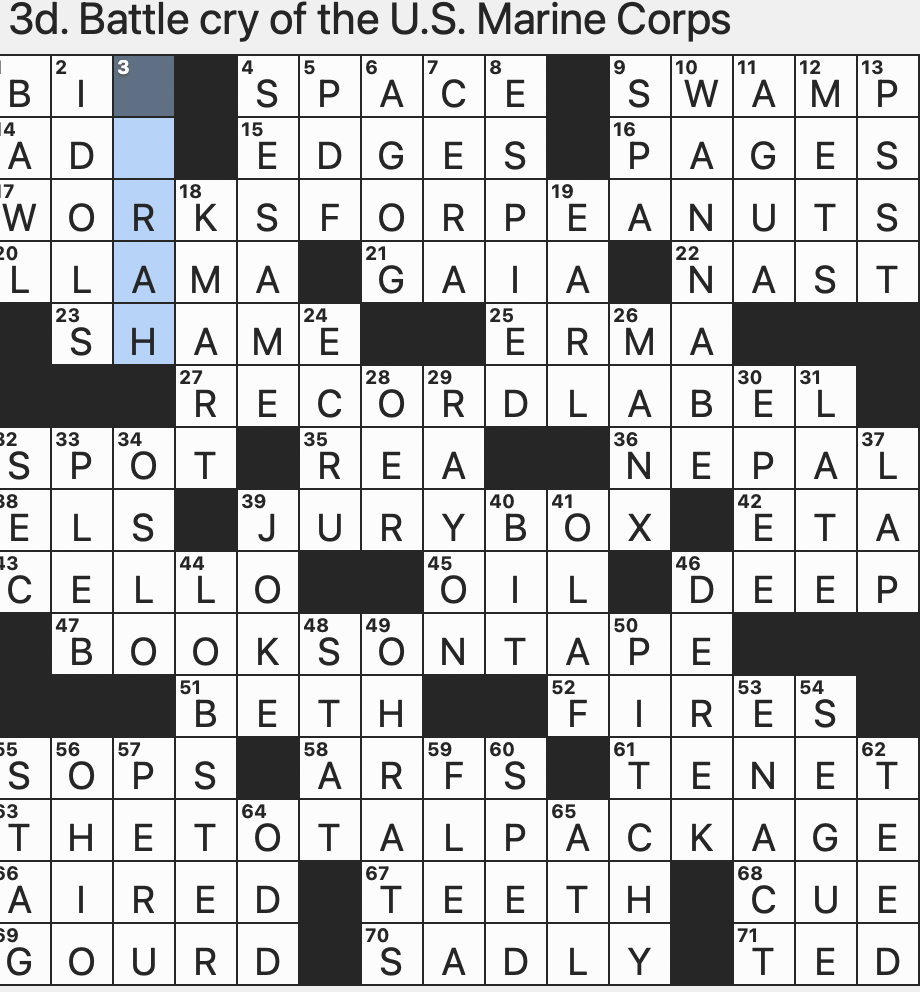 Rex Parker Does The NYT Crossword Puzzle Battle Cry Of The U S Marine Corps MON 12 29 25 1996 1 Hit For The Spice Girls Where Shrek Lives Tin Man s Need