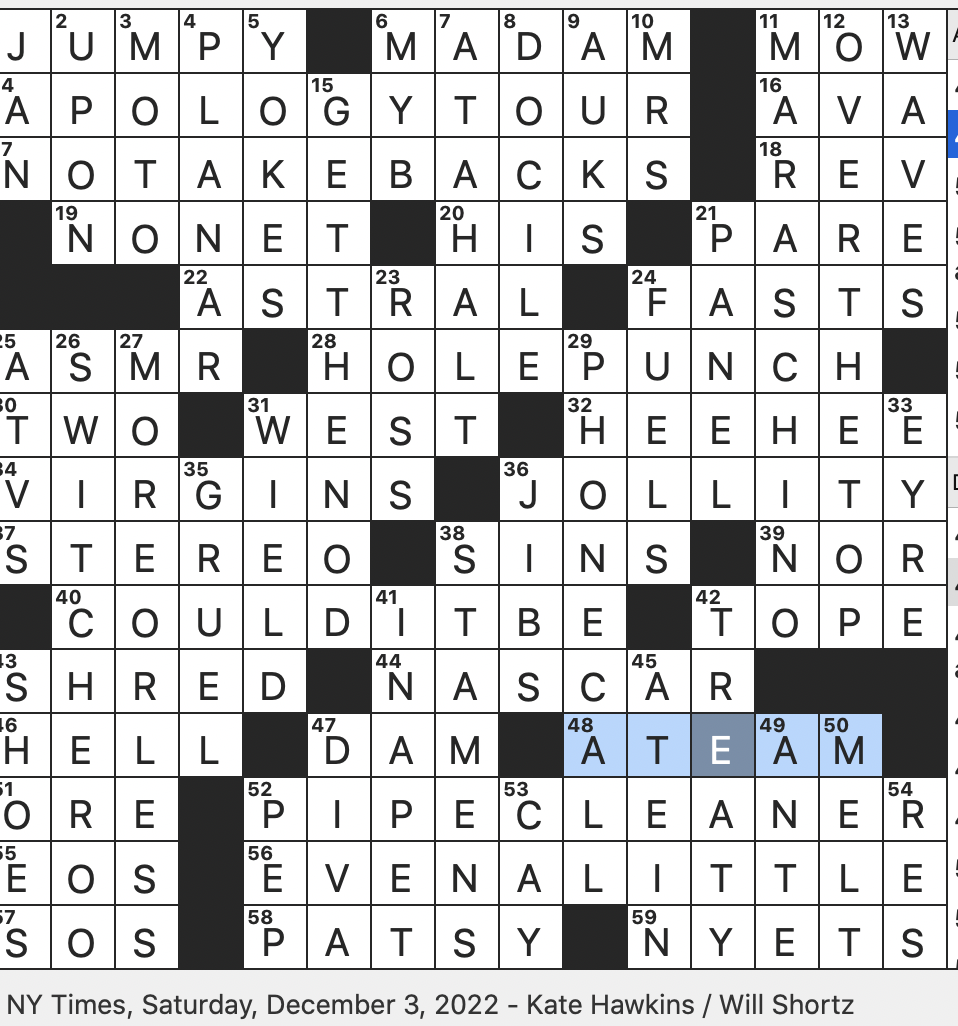 Rex Parker Does The NYT Crossword Puzzle Carpels Counterparts SAT 12 3 22 Brain tingly Feeling That May Come From Hearing Whispering Or Crinkling In Brief Inefficient Confetti making Tool That s On