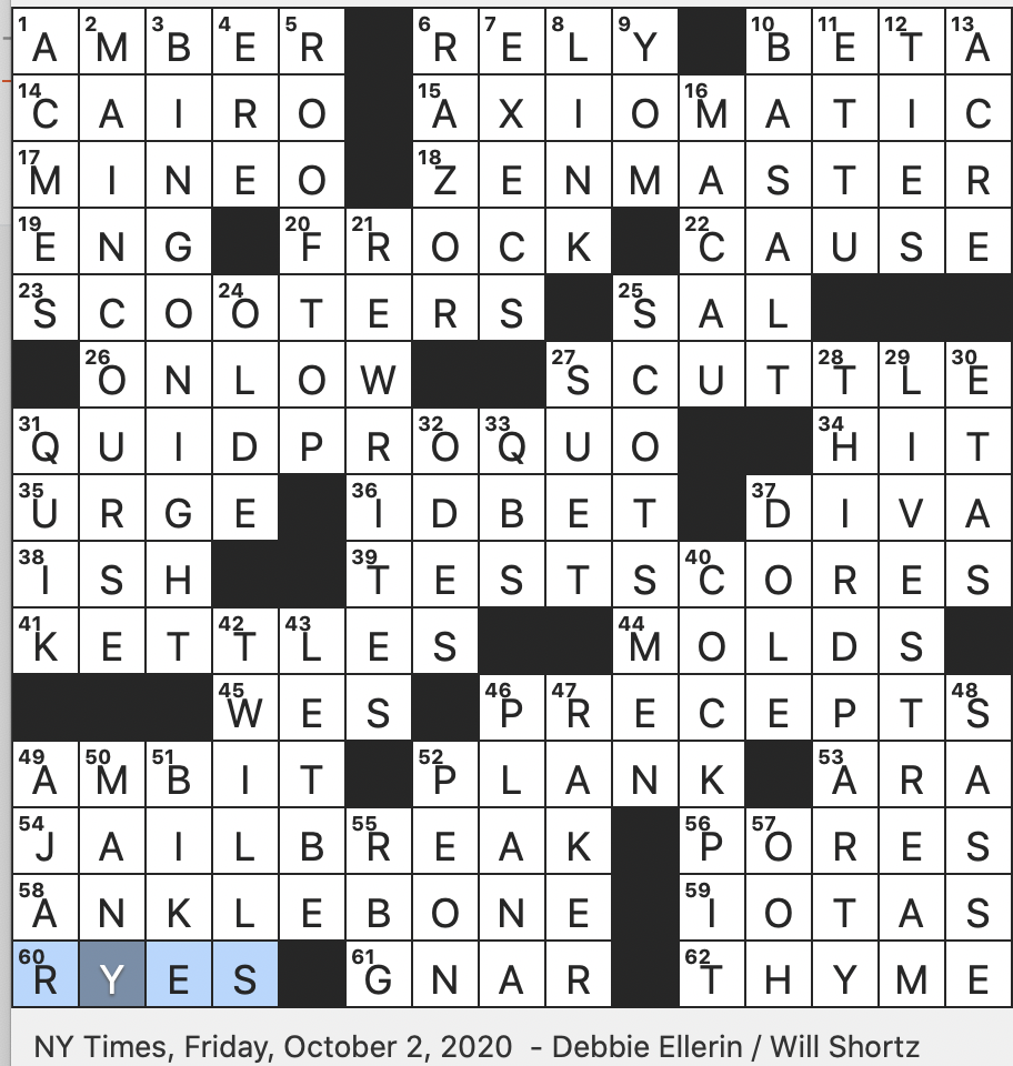 Rex Parker Does The NYT Crossword Puzzle Eastern Gambling Mecca FRI 10 2 20 Giant Actor Of 1955 Red Peg In Game Battleship Modify So As To Bypass A Device s Restrictions In Hacker Lingo