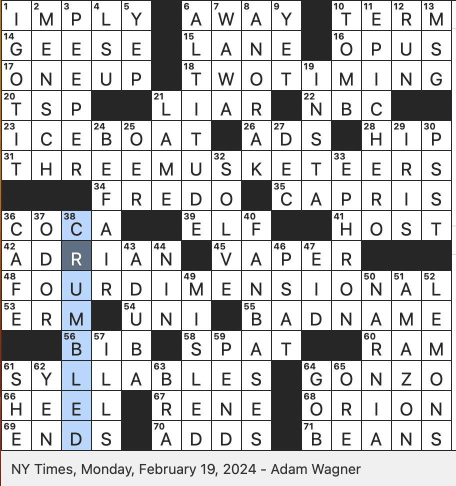 Rex Parker Does The NYT Crossword Puzzle Eye Slangily MON 2 19 24 Beat By A Little As In Joke telling Traitorous Corleone Brother In The Godfather Part II Flavor Enhancer