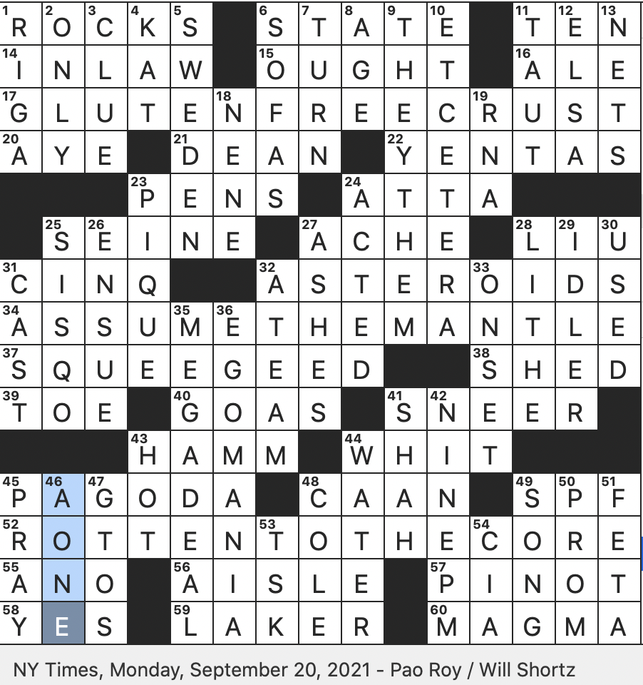 Rex Parker Does The NYT Crossword Puzzle Gossiping Types MON 9 20 21 One named R B Singer With The 1999 6x Platinum Album Unleash The Dragon Classic Arcade Game Set In Outer Space