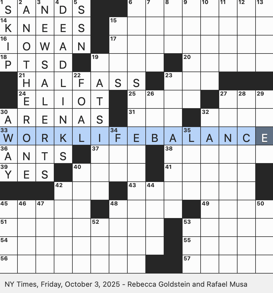 Rex Parker Does The NYT Crossword Puzzle Like Miss Piggy And Captain Kirk By Birth FRI 10 3 25 Service To Foster Parents Professional Juggling Act One End Of A