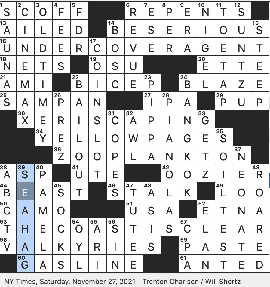 Rex Parker Does The NYT Crossword Puzzle Small Boat Of East Asia SAT 11 27 21 Gardening Practice That Minimizes The Need For Water Low Member Of A Marine Ecosystem 