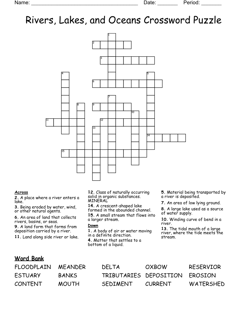 Rivers Lakes And Oceans Crossword Puzzle WordMint