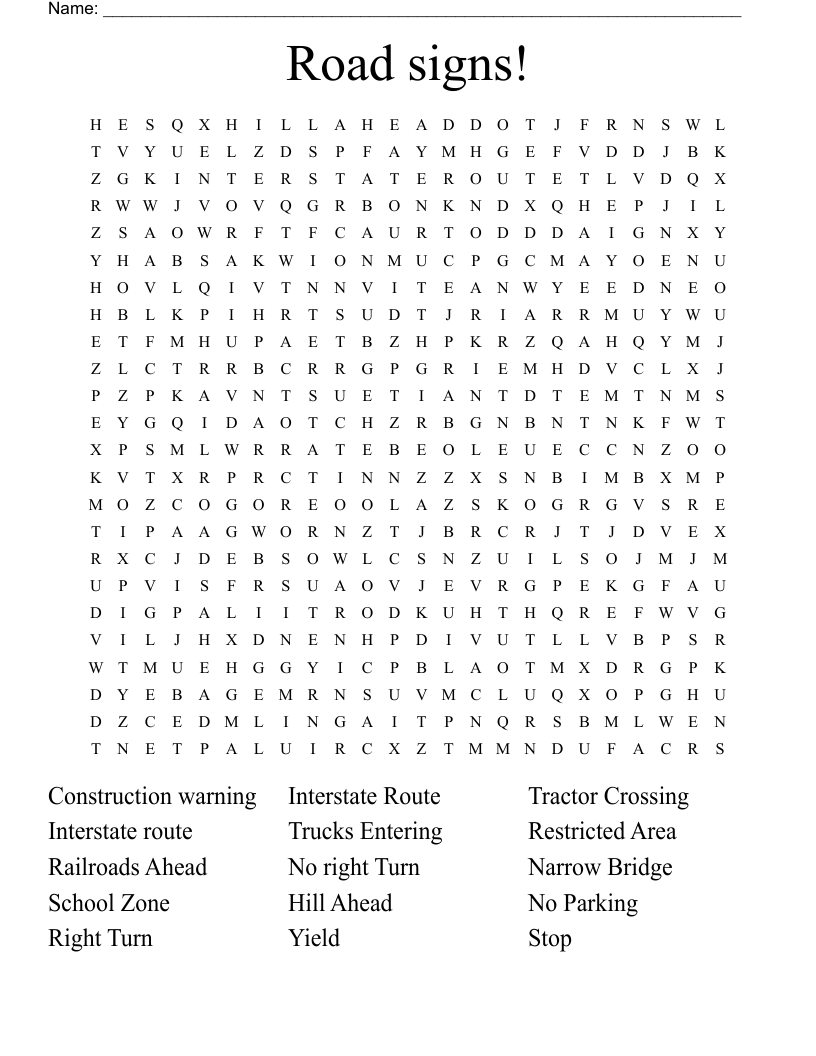 Road Signs Word Search WordMint