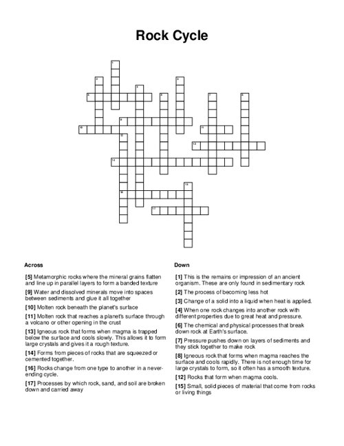 Rock Cycle Crossword Puzzle