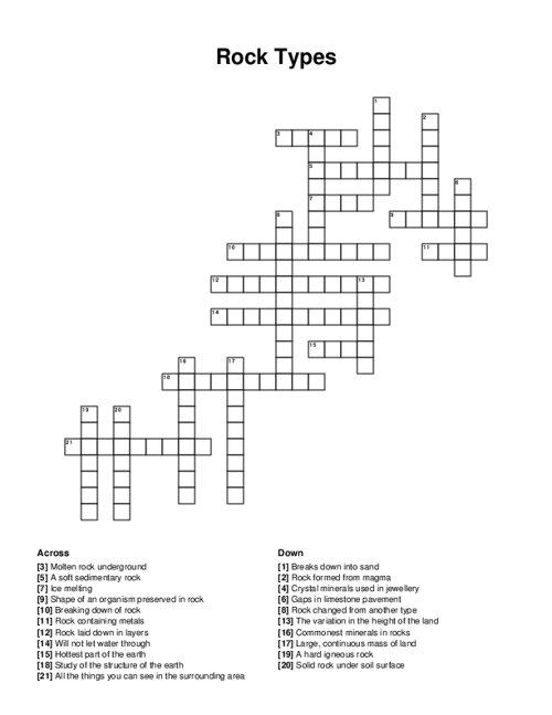 Rock Types Crossword Puzzle