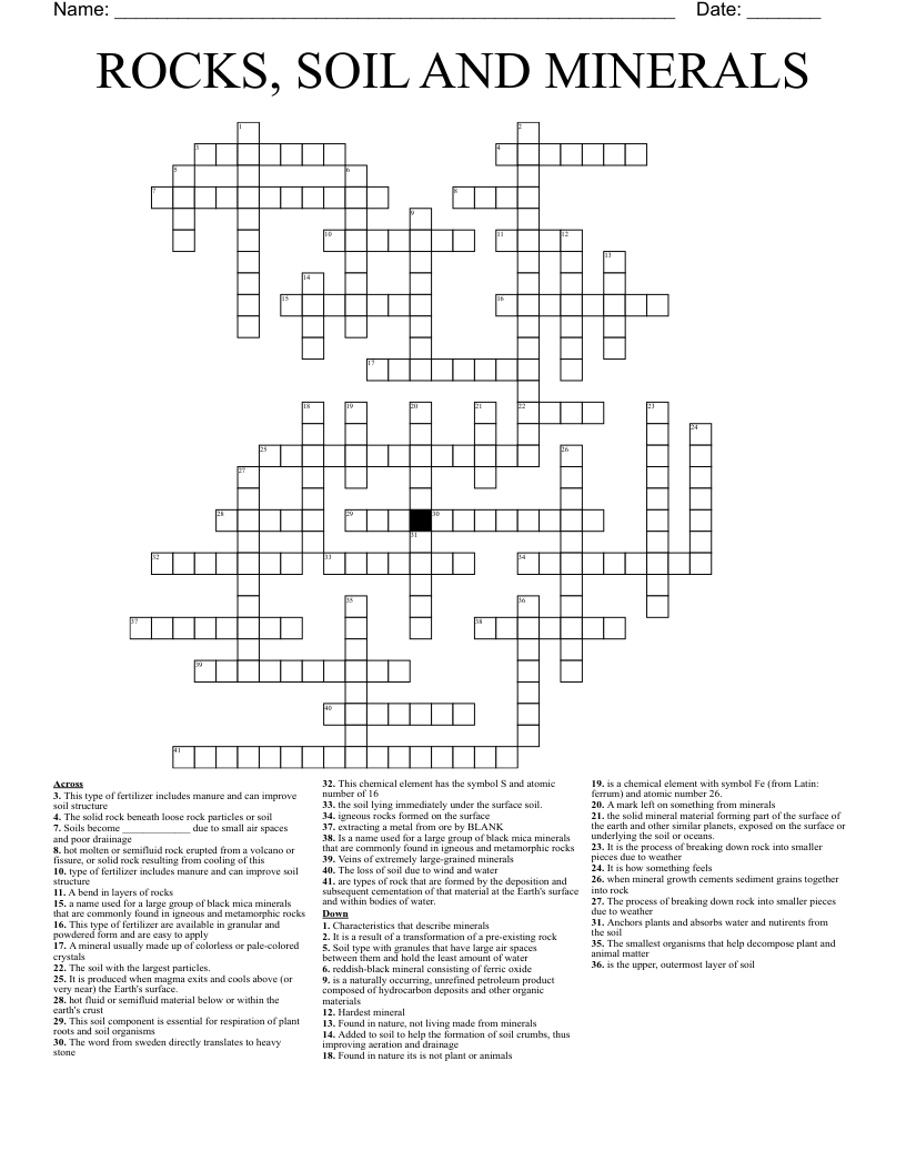 ROCKS SOIL AND MINERALS Crossword WordMint