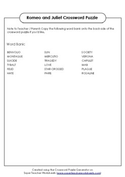 romeo and juliet crossword puzzle