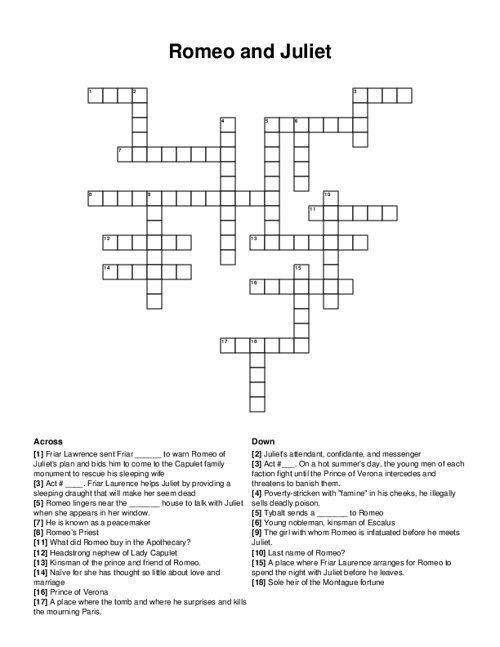 Romeo And Juliet Crossword Puzzle