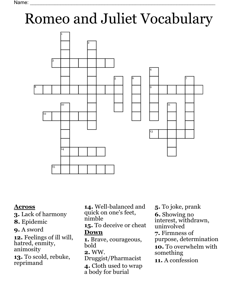 Romeo And Juliet Vocabulary Crossword WordMint