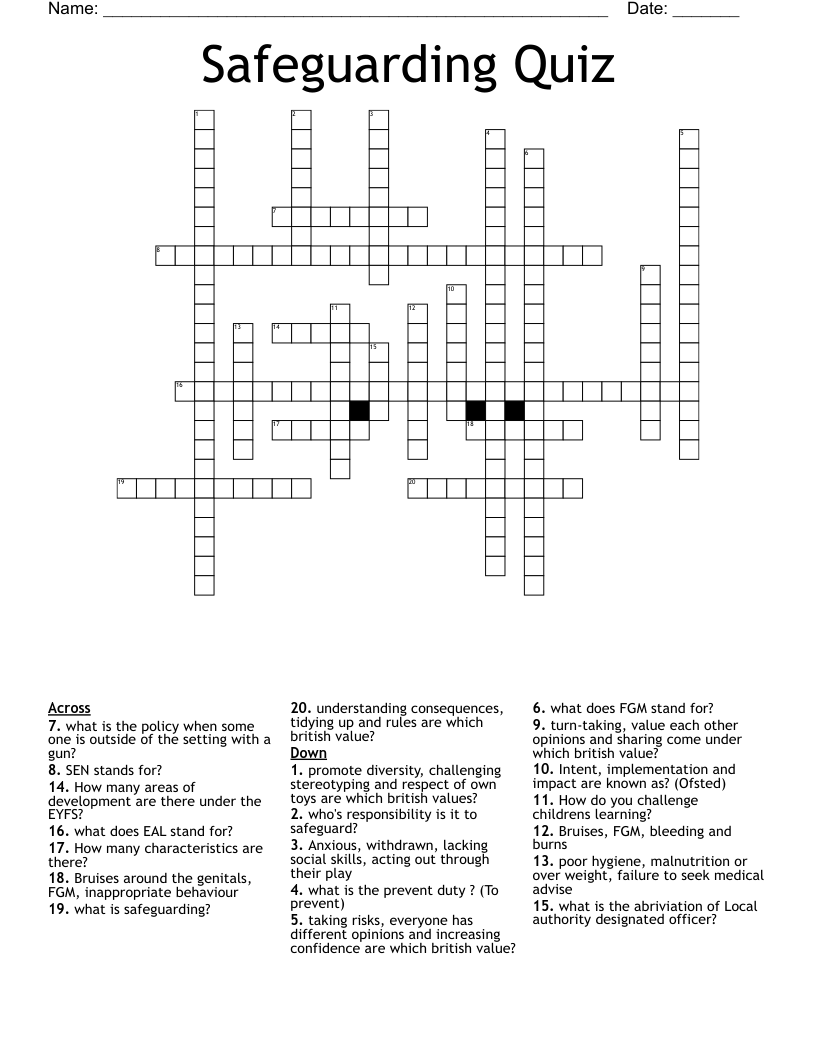 Safeguarding Quiz Crossword WordMint