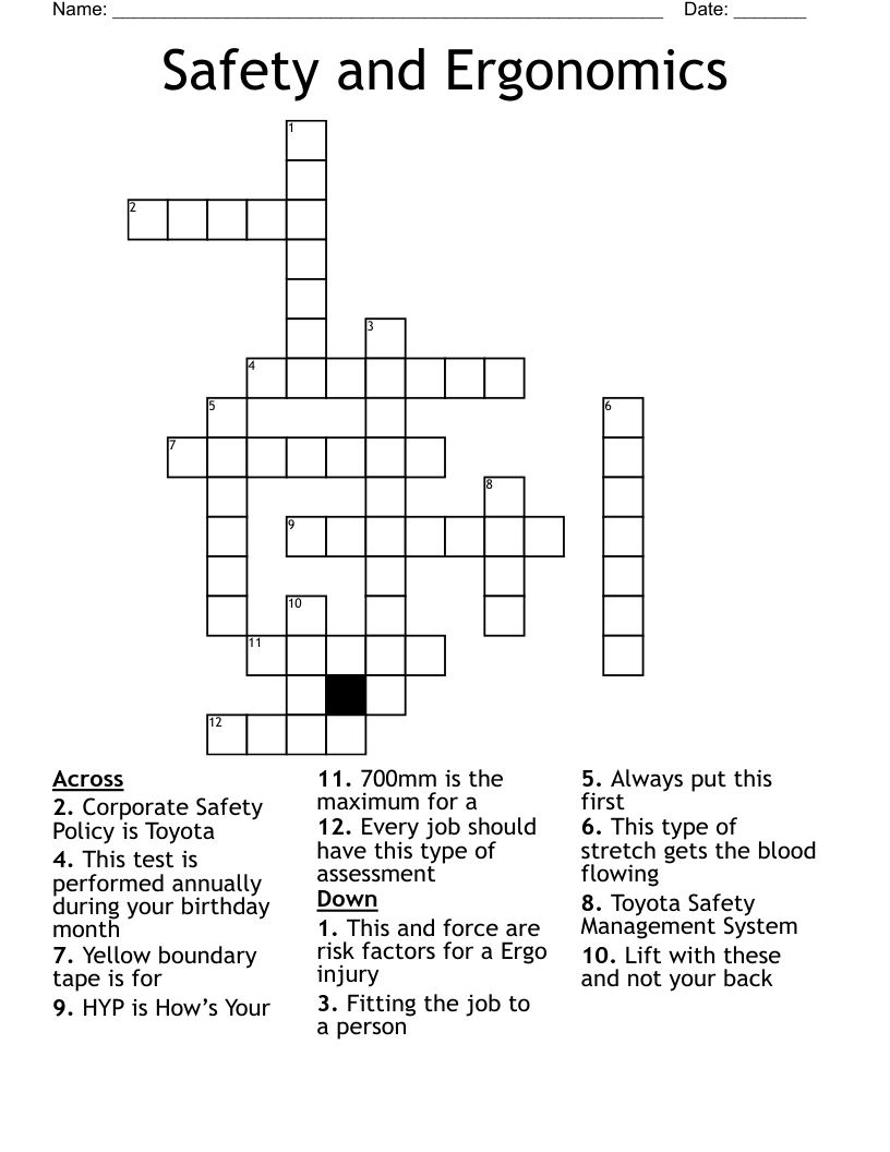 Safety And Ergonomics Crossword WordMint