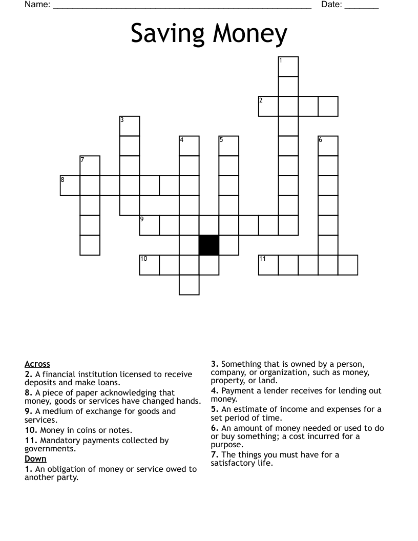Saving Money Crossword WordMint