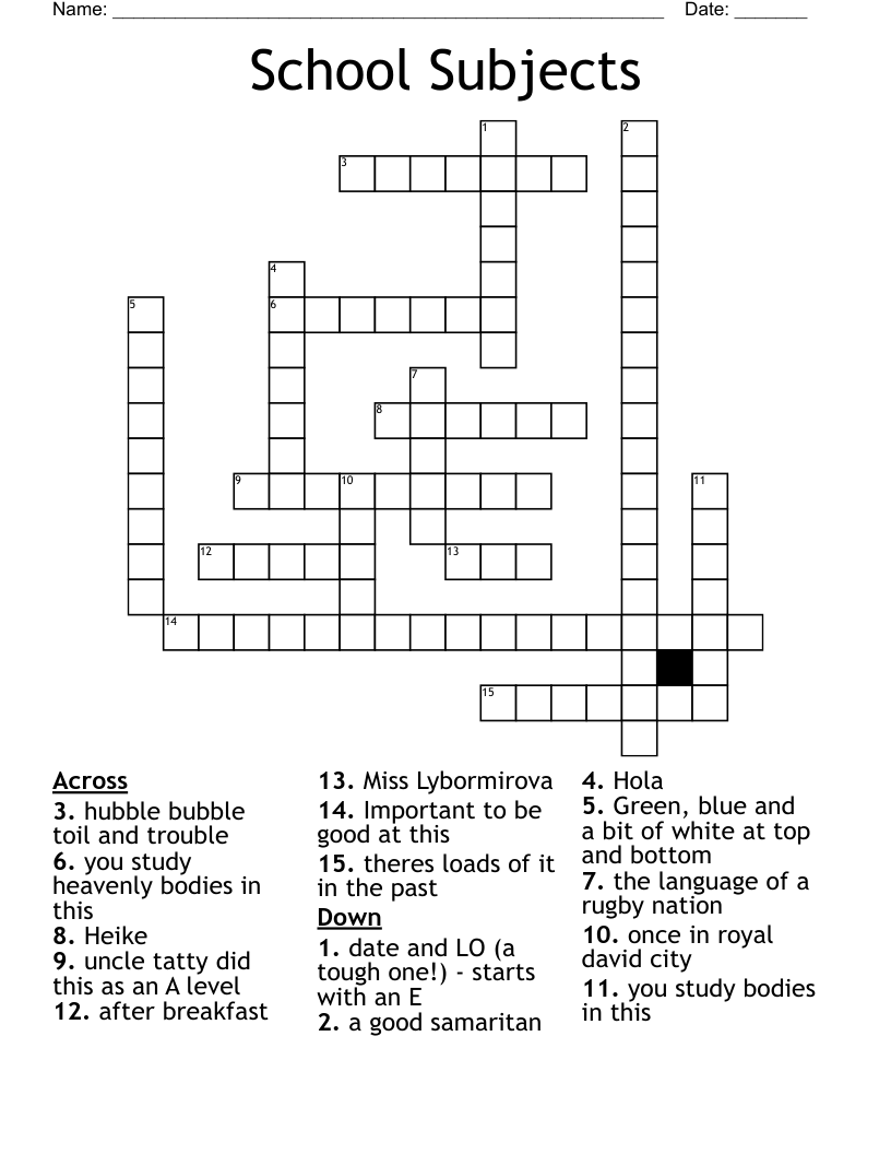 School Subjects Crossword WordMint